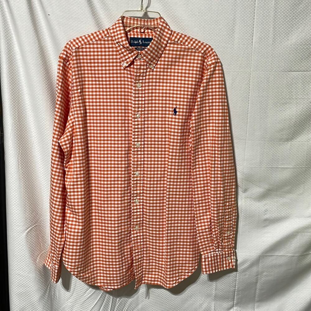 Ralph Lauren 16 34/35 orange white gingham buffalo plaid shirt euc worn once